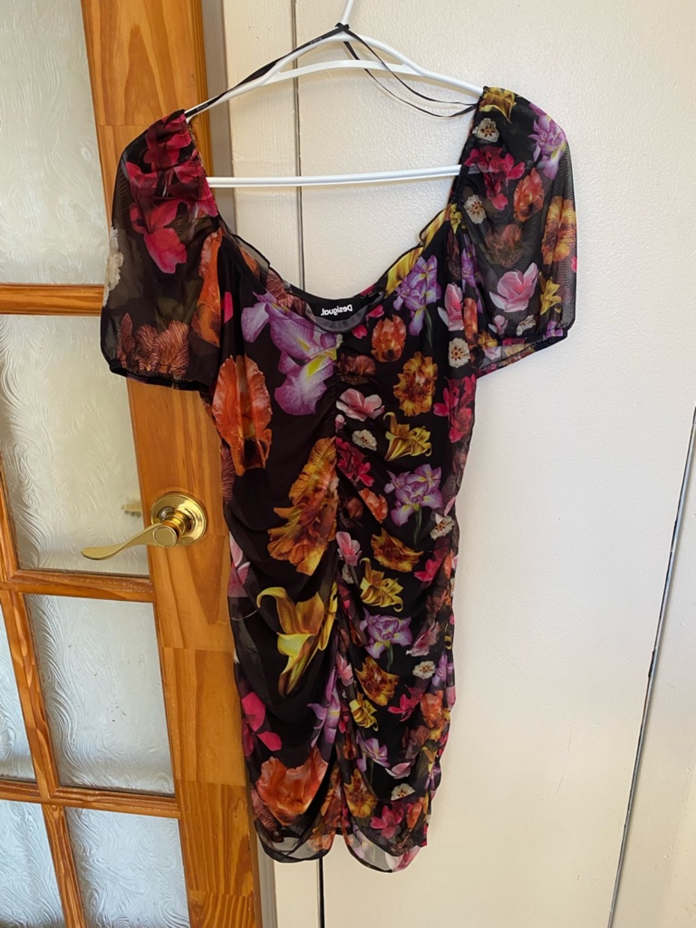 Desigual Black Floral Ruched Mesh Mini Dress with Multicolor Blooms